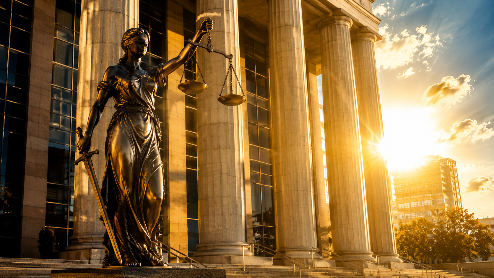 Colunas de um prédio público representativo da justiça e do Estado sob forte iluminação natural.