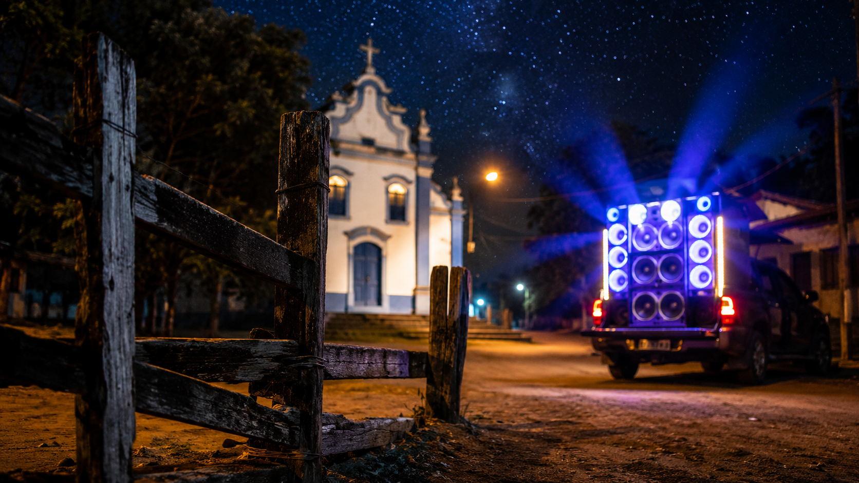 fotografia conceitual contrastando uma antiga igrejinha do sertão mineiro com um carro de som potente e luzes em ambiente rural.