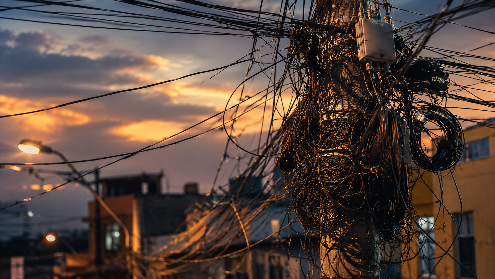 Emaranhado de fios e cabos em poste elétrico urbano representando o problema de fiação e segurança pública.