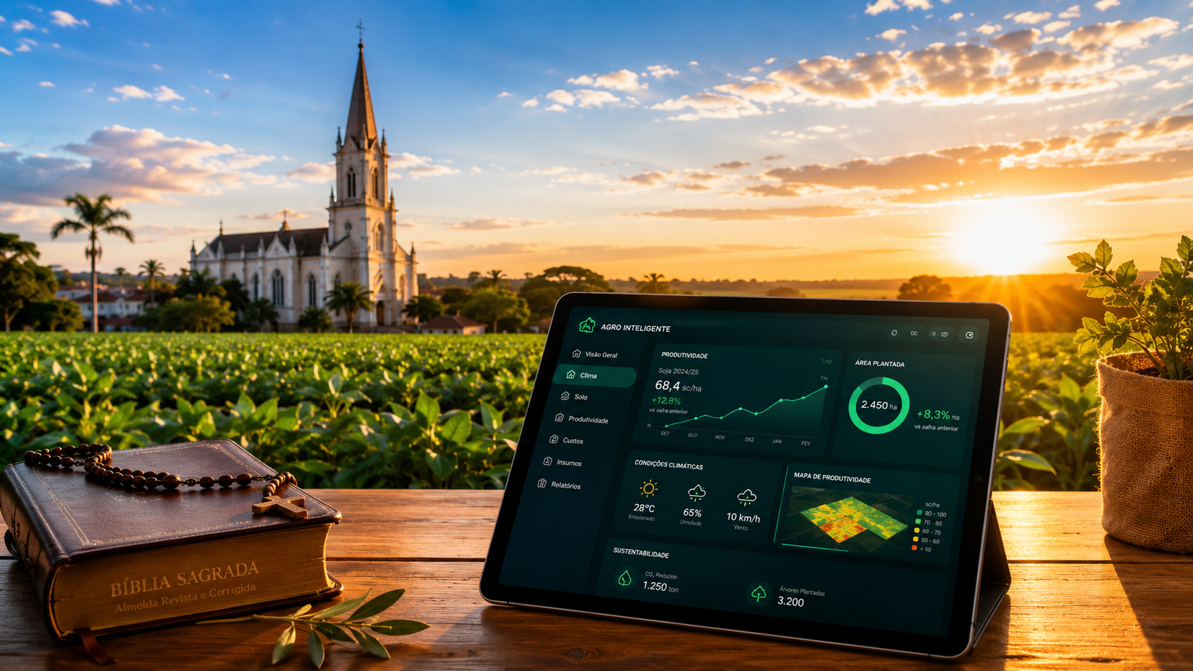 Composição fotográfica unindo a arquitetura de uma igreja tradicional ao fundo com um tablet moderno sobre mesa de madeira, simbolizando a adaptação ao futuro e a inovação no agronegócio.