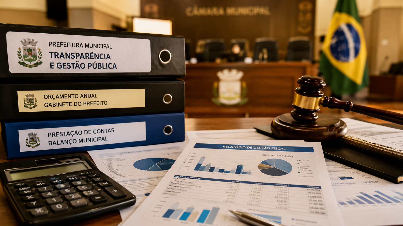 Documentos sobre gestão pública, transparência e recursos municipais sobre uma mesa de escritório.