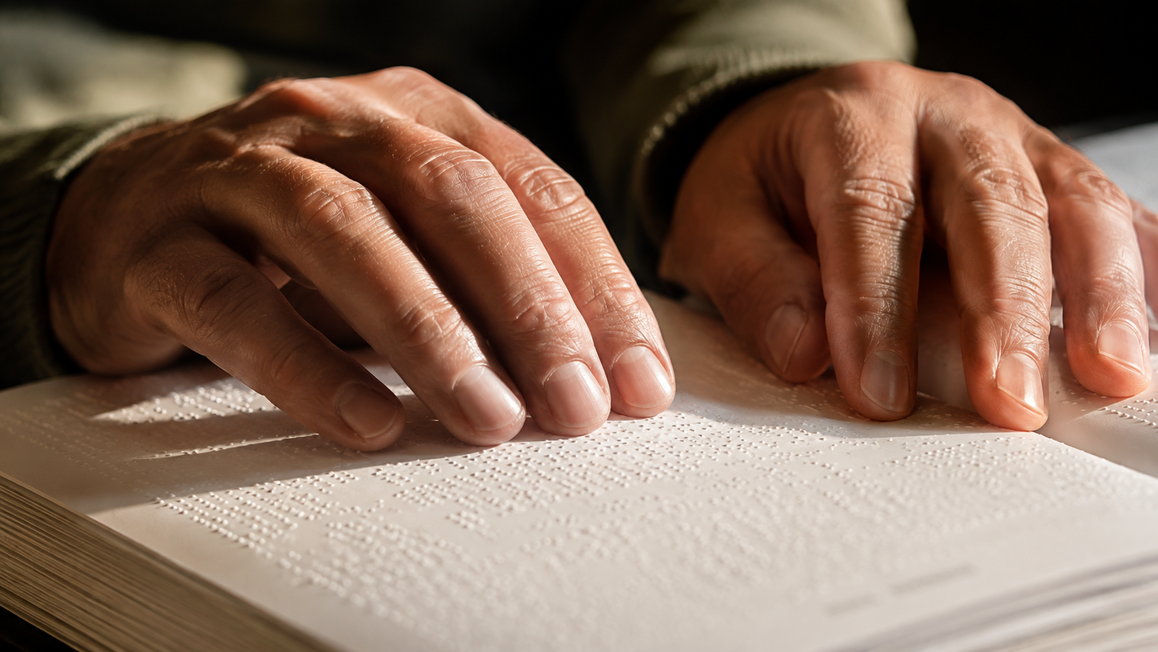 Mãos de uma pessoa com deficiência visual lendo um texto em Braille com os dedos.