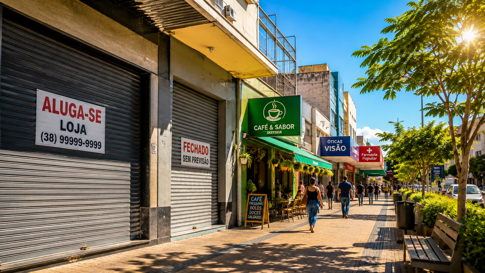 Rua comercial ensolarada representando o impacto da crise e do fechamento de empresas no varejo.