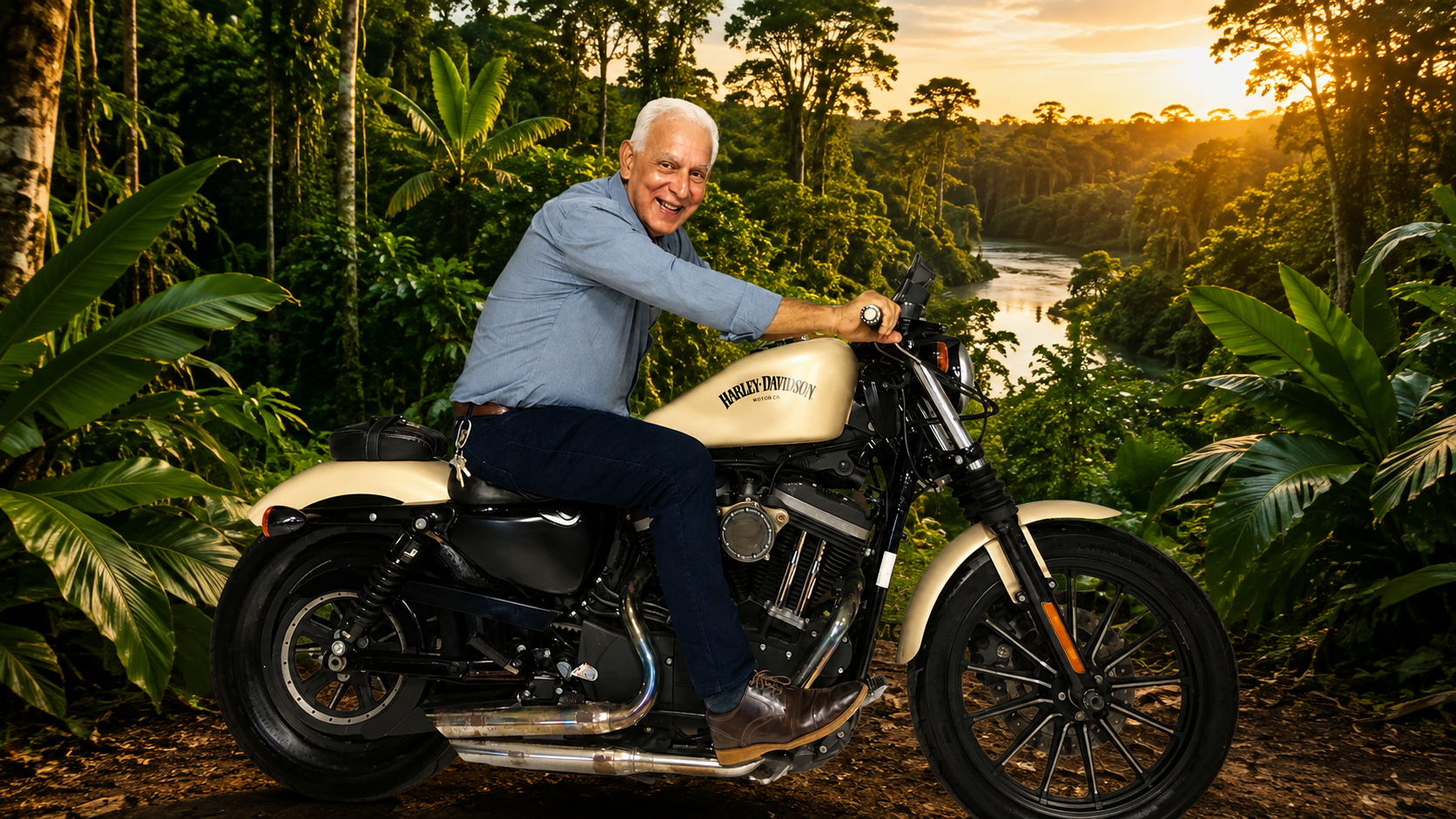 Luciano Meira sorrindo sobre uma motocicleta Harley-Davidson em cenário com a floresta amazônica e um rio ao fundo.