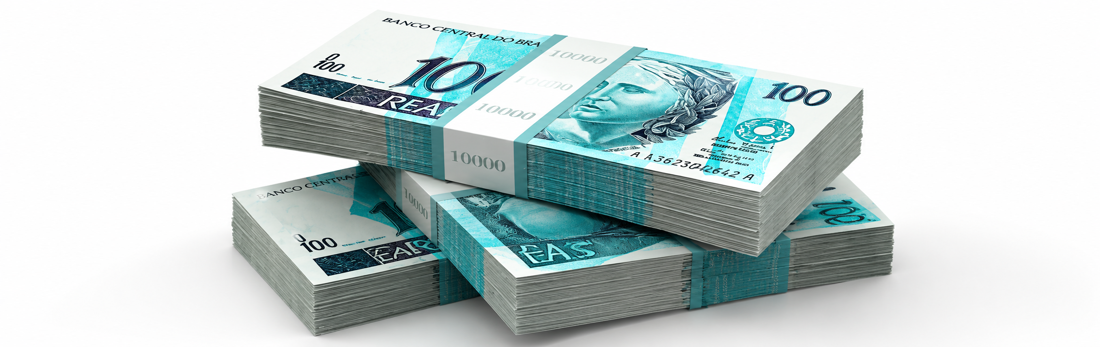 Maços de notas de 100 reais empilhados simbolizando o prêmio acumulado de 150 milhões de reais da Mega-Sena.