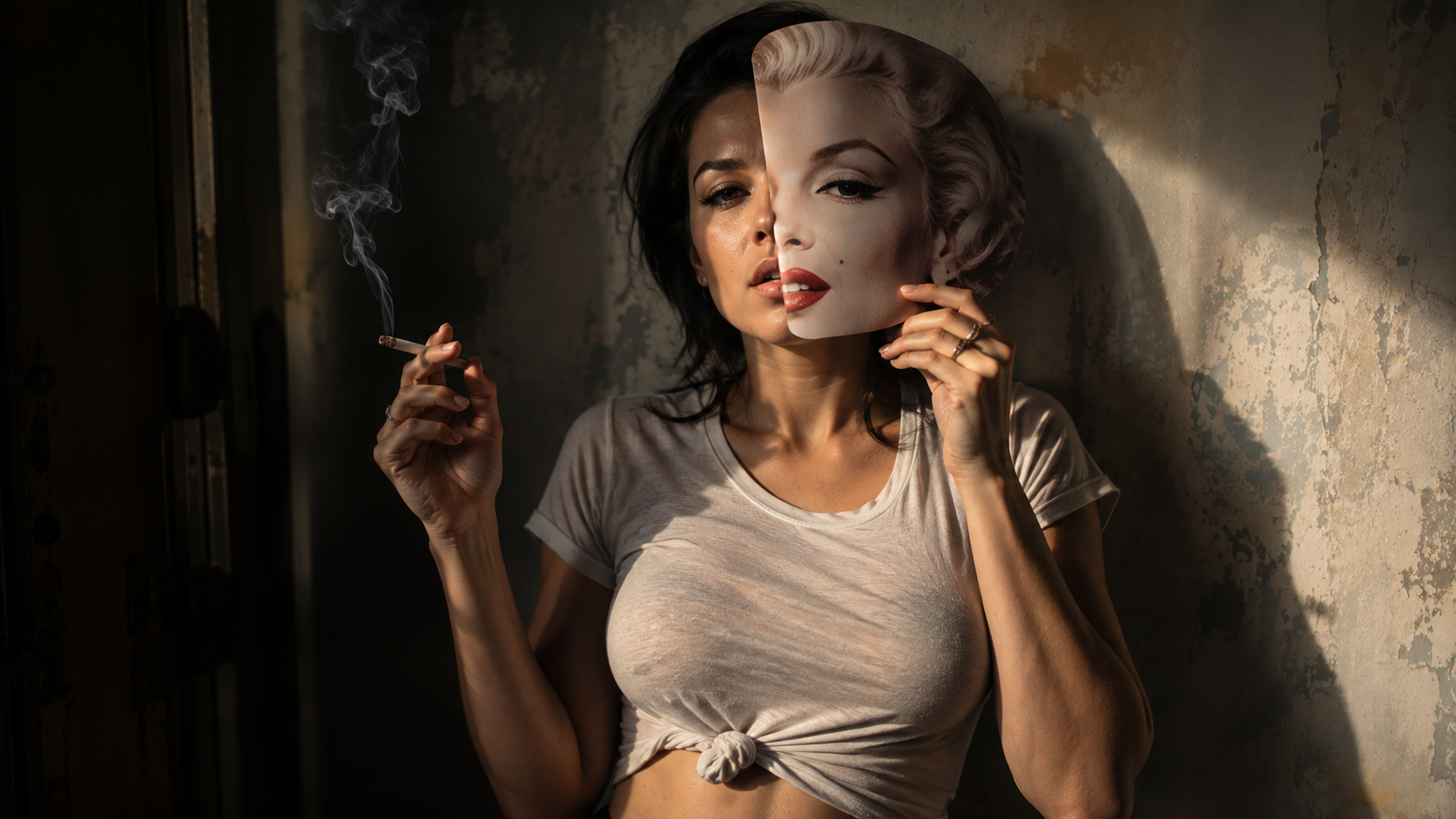 Fotografia editorial de mulher segurando máscara com rosto glamouroso e cigarro em composição conceitual.
