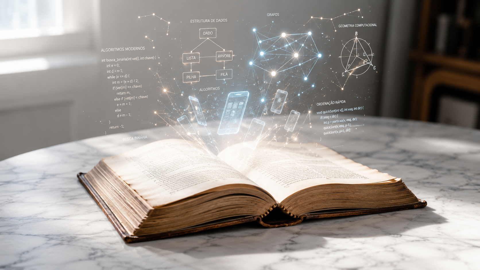 Livro aberto iluminado por luz natural com holograma sutil de circuitos e constelações, simbolizando o livro O Mundo Assombrado pelos Demônios de Carl Sagan.