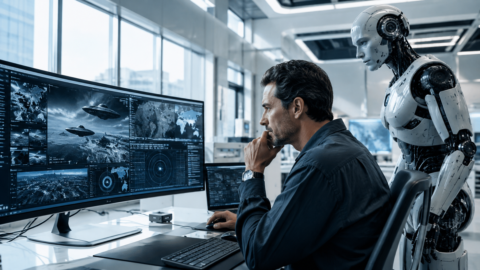 Engenheiro observa imagens de supostos OVNIs enquanto um robô humanoide acompanha a cena em laboratório de alta tecnologia, simbolizando a relação entre inteligência artificial e o desconhecido.