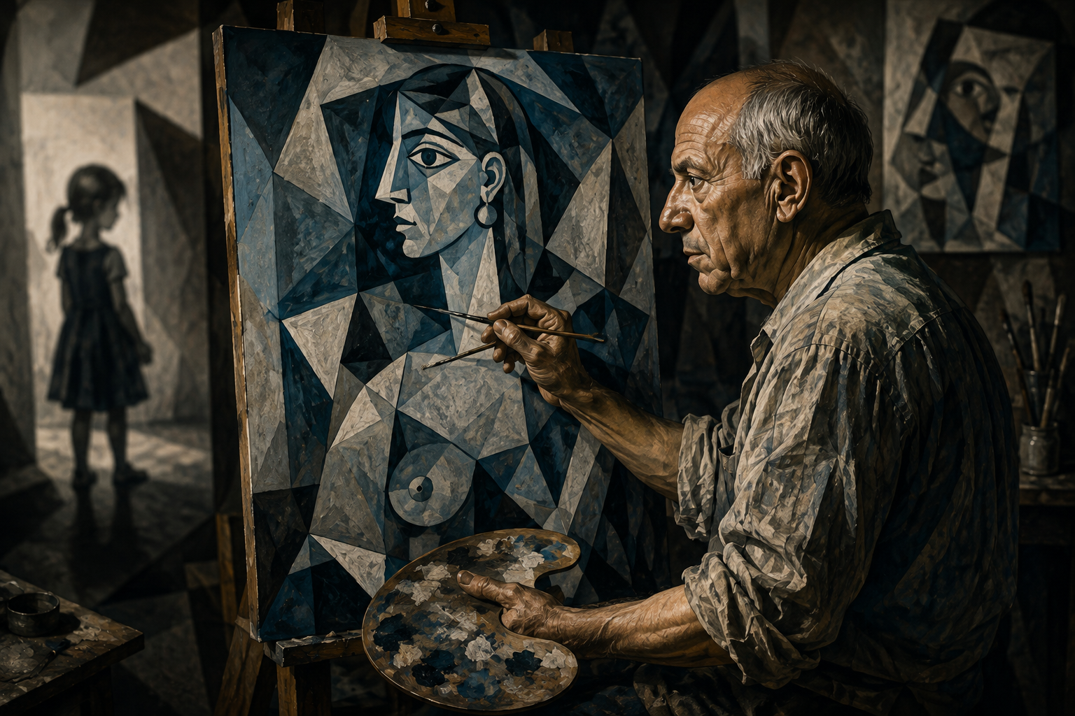 Ilustração conceitual no estilo cubista representando um pintor em seu ateliê diante de uma tela com uma figura feminina desconstruída.