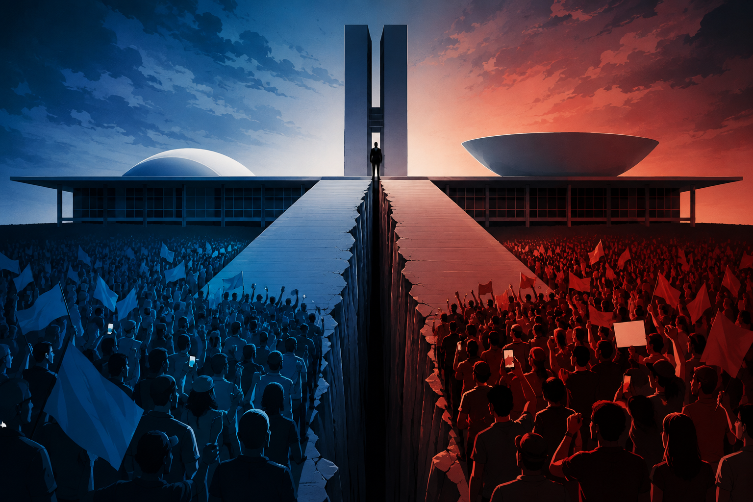 Ilustração conceitual da rampa do Palácio do Planalto dividida ao meio, simbolizando a polarização política no Brasil.