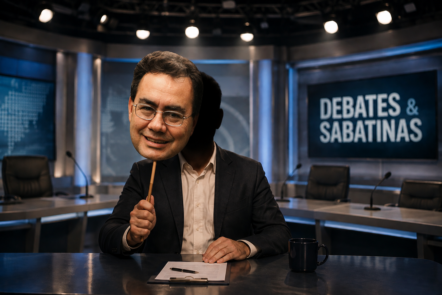 Pessoa em um estúdio de TV de debates políticos segurando uma máscara com o rosto de Augusto Cury na frente do próprio rosto.
