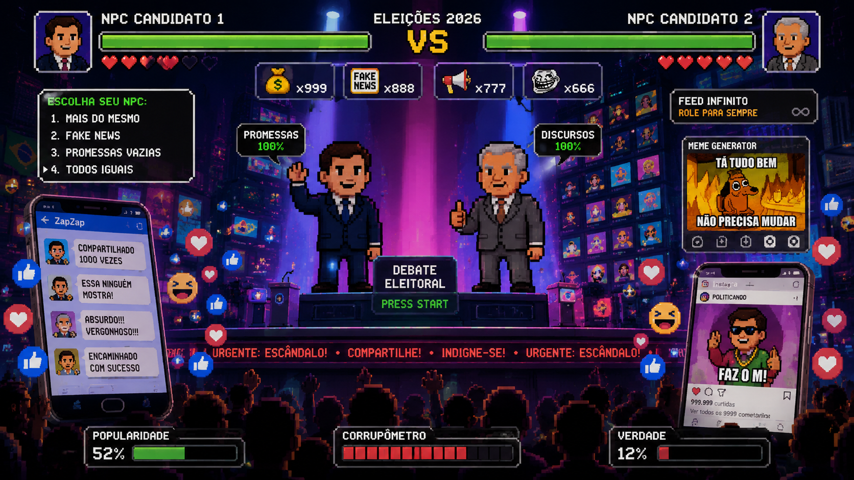 Ilustração conceitual de smartphones exibindo políticos como NPCs de videogame cercados por memes e redes sociais.