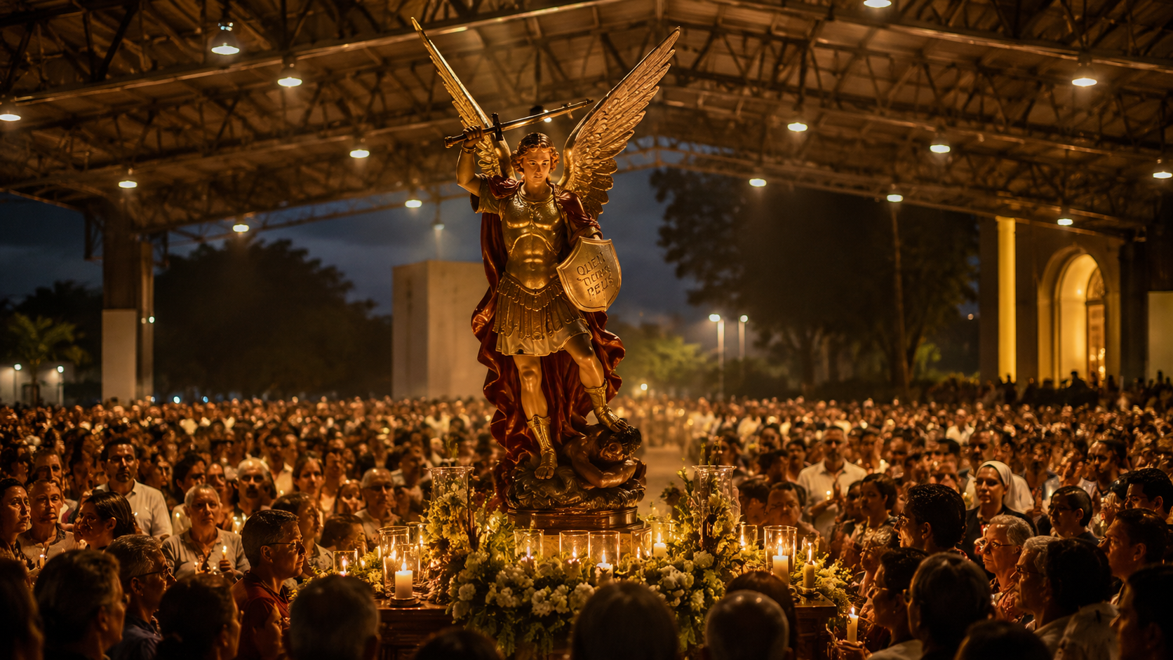 Imagem de São Miguel Arcanjo em celebração religiosa em Montes Claros, ilustrando coluna de Benedito Said.