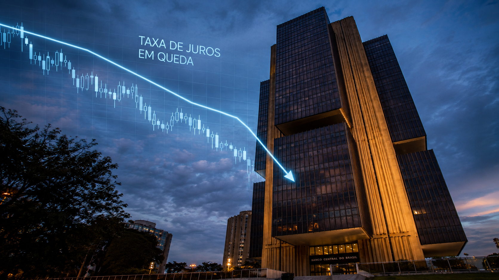 Sede do Banco Central do Brasil em Brasília com gráfico da Taxa Selic caindo para 14% ao ano.