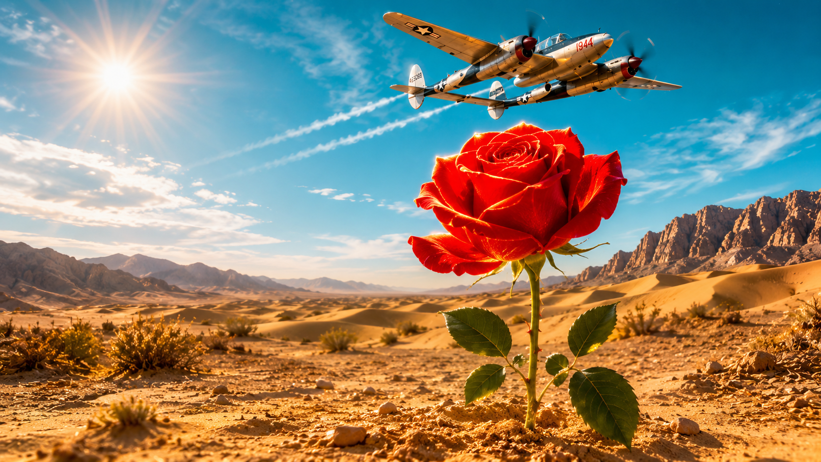 Ilustração vibrante em um deserto ensolarado com uma rosa vermelha em destaque e um avião vintage voando sob o céu azul claro.