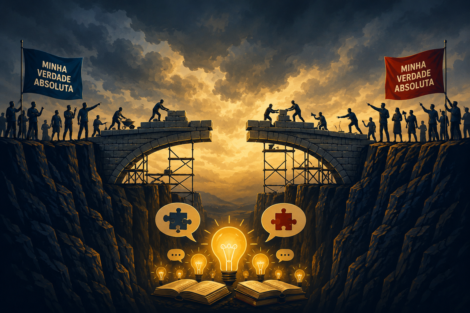 Ilustração conceitual de duas pontes se conectando sobre um abismo, simbolizando o debate político baseado no raciocínio crítico.