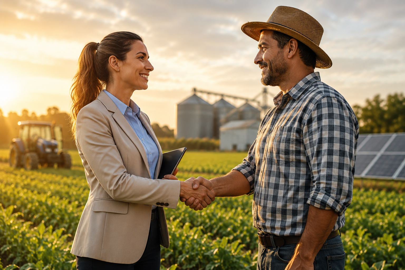 Profissional do agronegócio apertando as mãos de um produtor rural em um campo agrícola, simbolizando a venda consciente e próspera.