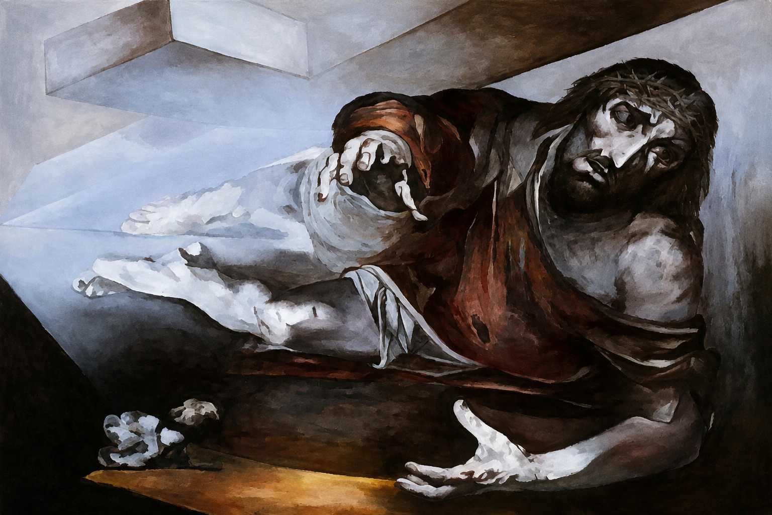 Pintura expressionista e dramática representando uma estação da Via-Sacra com Jesus Cristo caído sob a cruz.