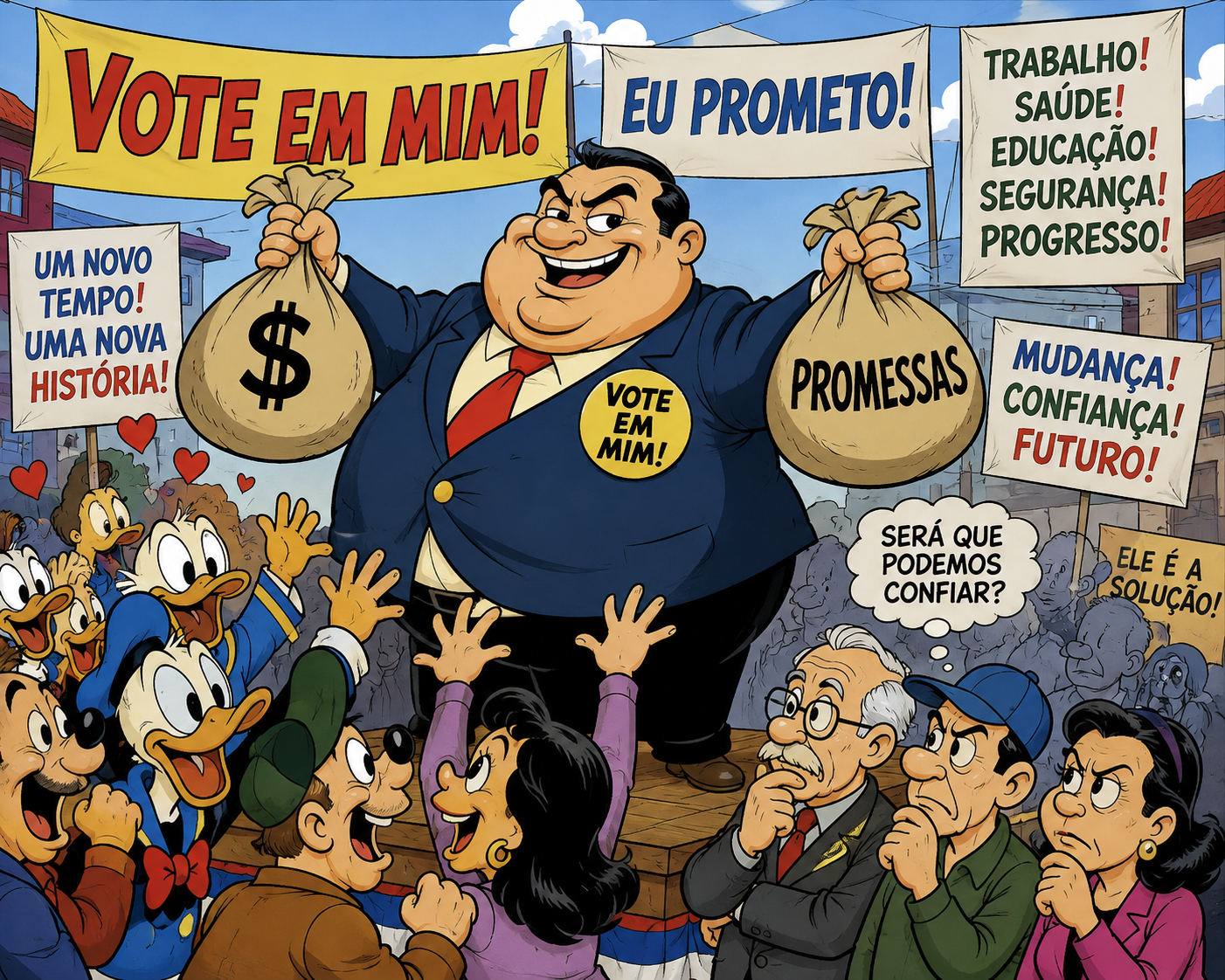 Ilustração satírica de um político no palanque segurando um saco de dinheiro e outro de promessas diante da multidão dividida.