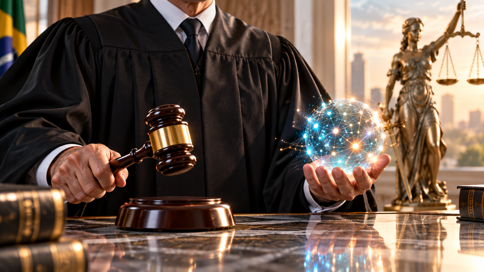 Juiz vestindo toga segura um martelo de madeira em uma mão e segura uma esfera brilhante de inteligência artificial e dados digitais na outra mão, com a estátua da Justiça ao fundo.