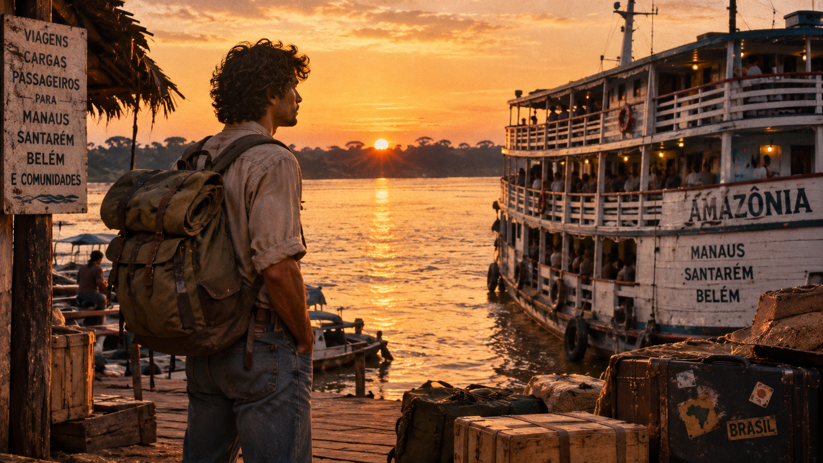 Imagem conceitual sobre a travessia de navio pelo Rio Amazonas e a busca por um novo destino na Amazônia na década de 1980.