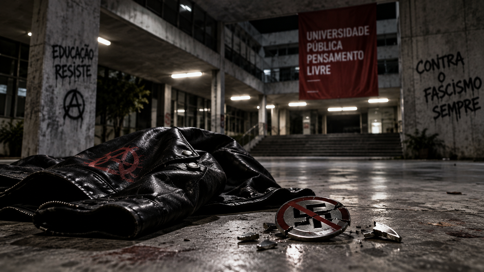 Jaqueta jeans e broche caídos no chão de concreto de um pátio universitário escuro, simbolizando o caso de violência no IFCS/UFRJ.