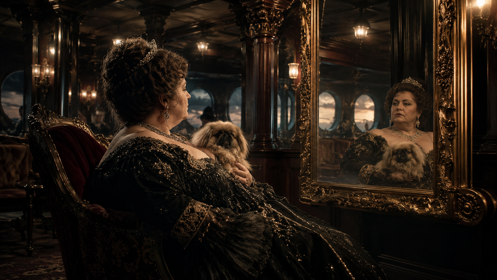 Diva da ópera segurando um cão pequinês no colo em um navio de época, representando a obra E la nave va de Federico Fellini.