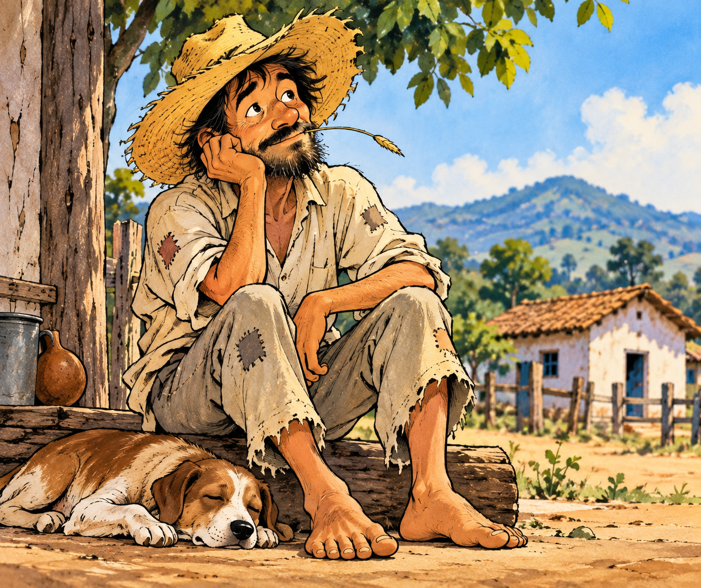 Ilustração do personagem Jeca Tatu descalço de chapéu de palha sentado sob a sombra de uma árvore ao lado de seu cachorro no campo.