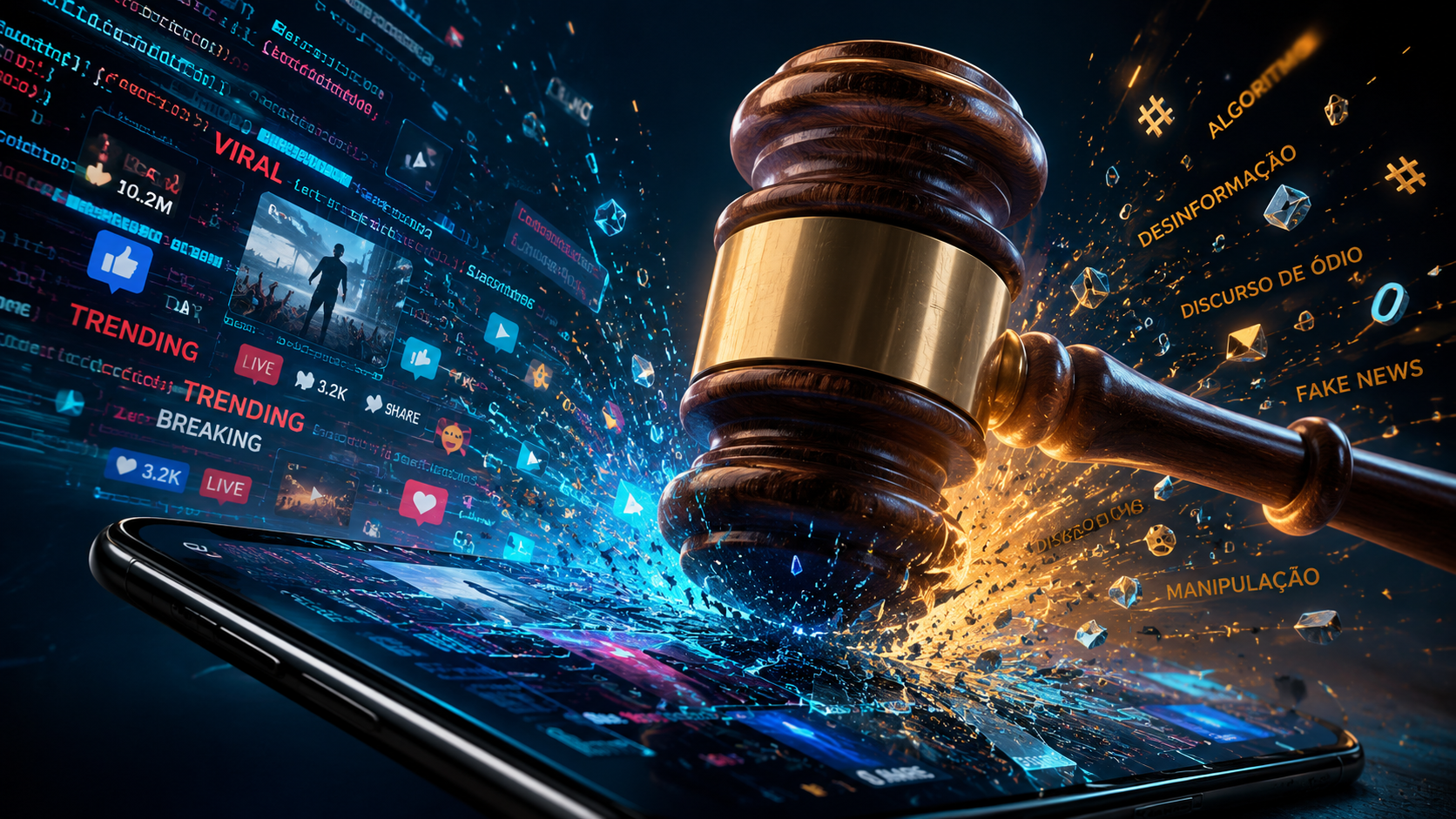 Ilustração conceitual representando a política digital, redes sociais e a Justiça Eleitoral.