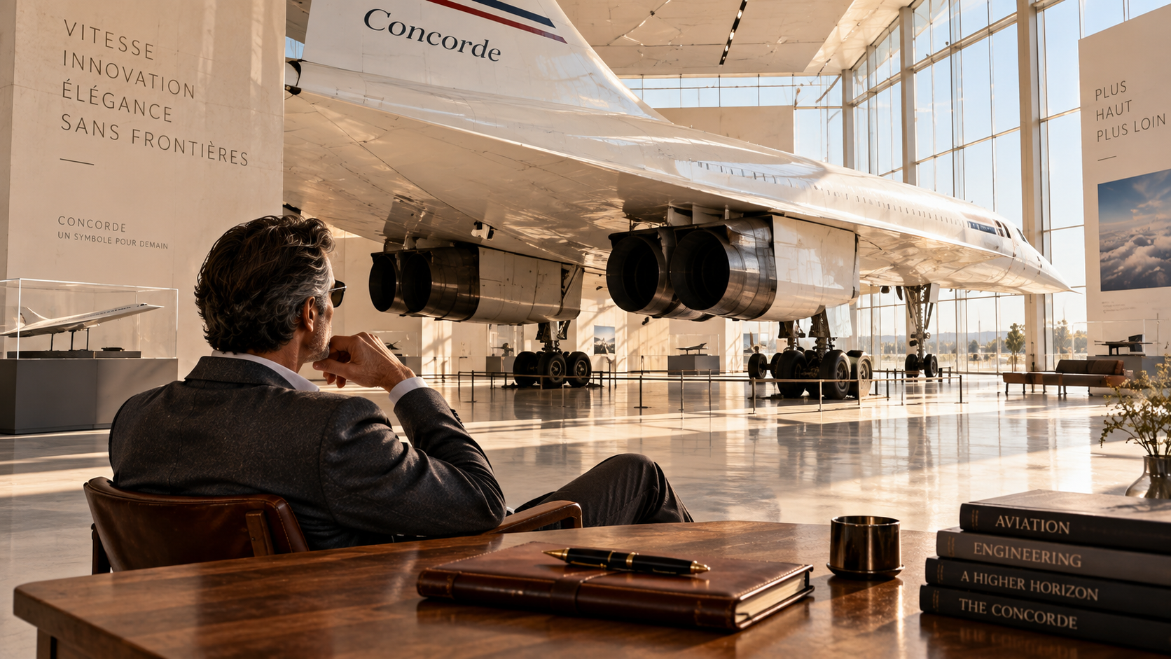 Imagem conceitual e clean unindo a engenharia do avião supersônico Concorde e a reflexão sobre o desenvolvimento pessoal e a retomada de projetos de vida.