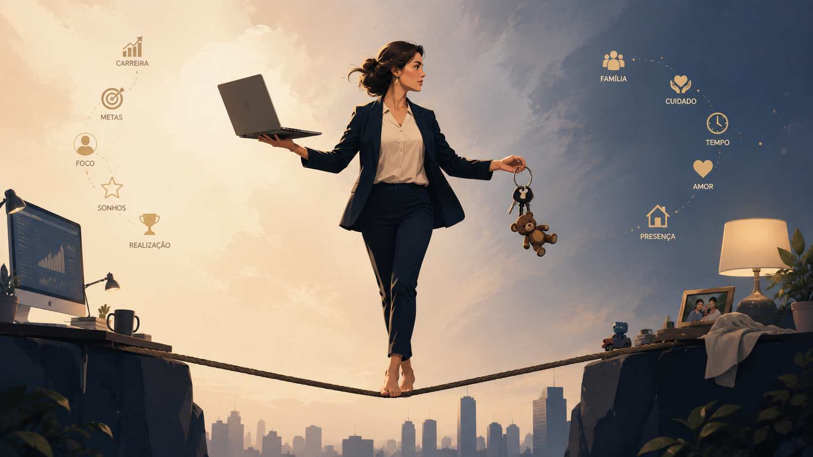 Imagem conceitual sobre a sobrecarga da mulher moderna que conquistou a independência financeira, mas acumula responsabilidades domésticas e emocionais.
