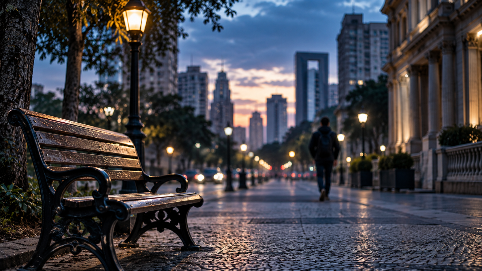Banco de praça vazio ao anoitecer em uma cidade, representando o abandono e o vazio na assistência à saúde mental.